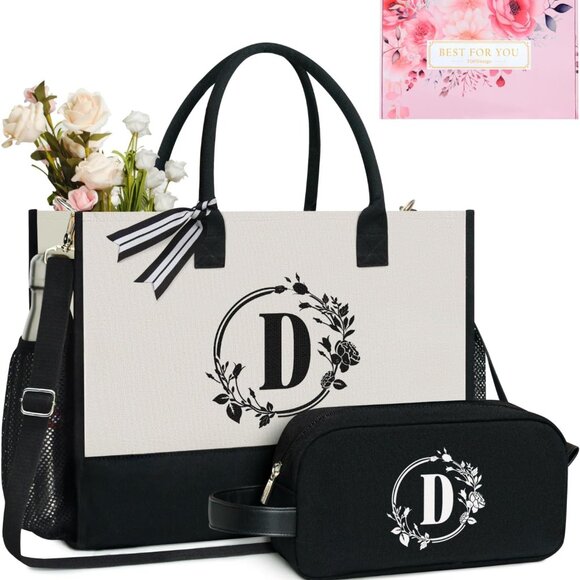 Personalized Initial Canvas Tote Bag Women Mom Gift Travel Beach Work - Picture 1 of 7